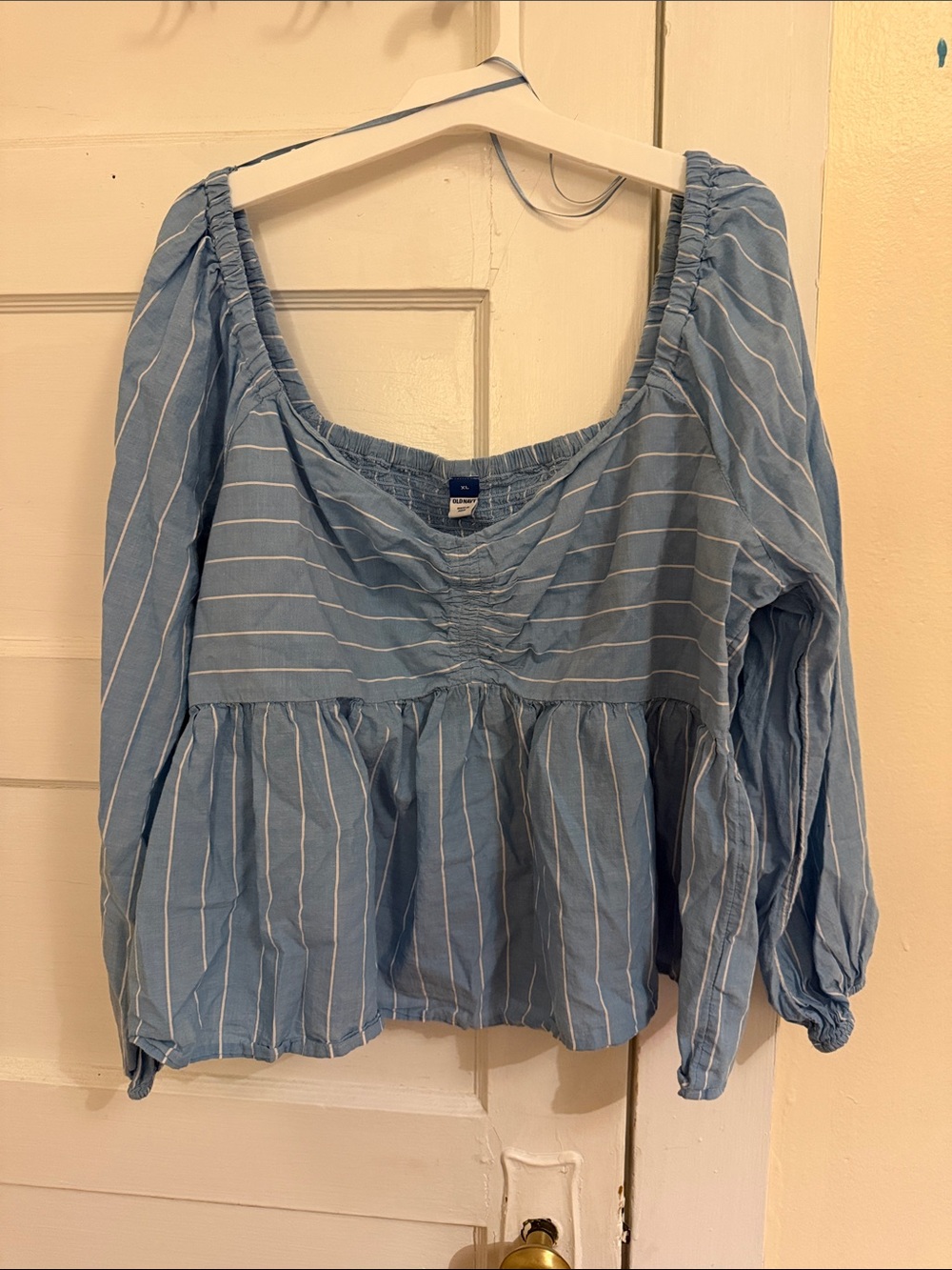 Old Navy Light Blue & White Striped Peasant Blouse